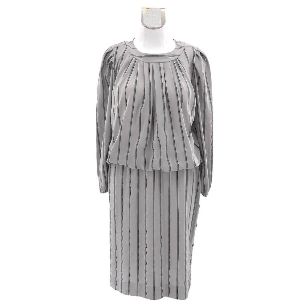 JB Too (14) American VINTAGE 80s Gray Striped Midi Blouson Day Dress Long Sleeve
